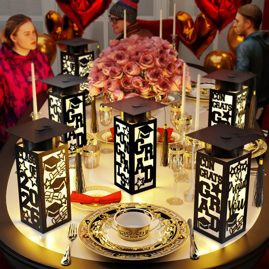 6 Pcs Graduation Table Centerpieces Boxes Class of 2026, Golden Graduation Paper Lanterns Boxes with String Lights Hollow Out for Congrats Grad School College Table Decorations Grad Party Photo Props