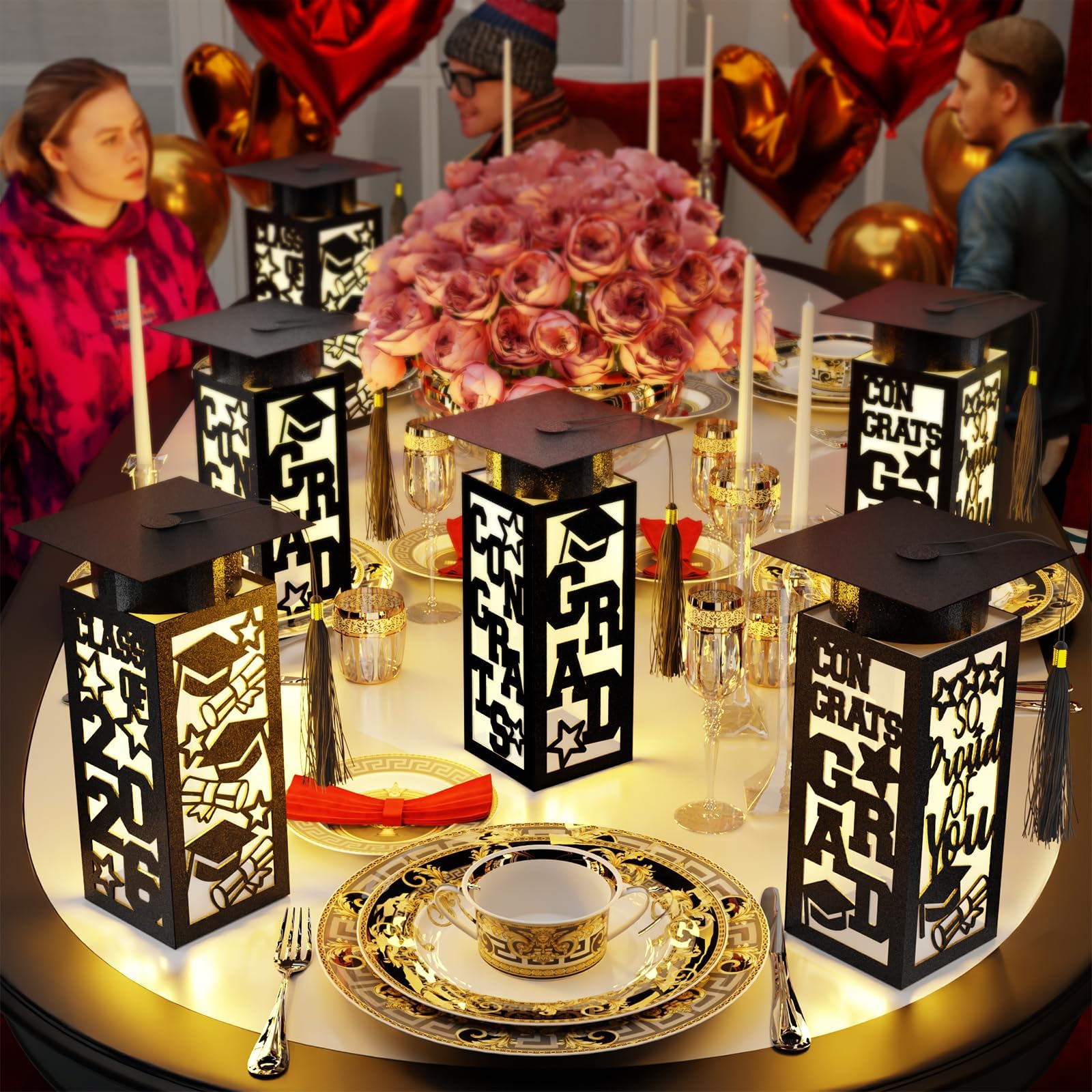 6 Pcs Graduation Table Centerpieces Boxes Class of 2026, Golden Graduation Paper Lanterns Boxes with String Lights Hollow Out for Congrats Grad School College Table Decorations Grad Party Photo Props