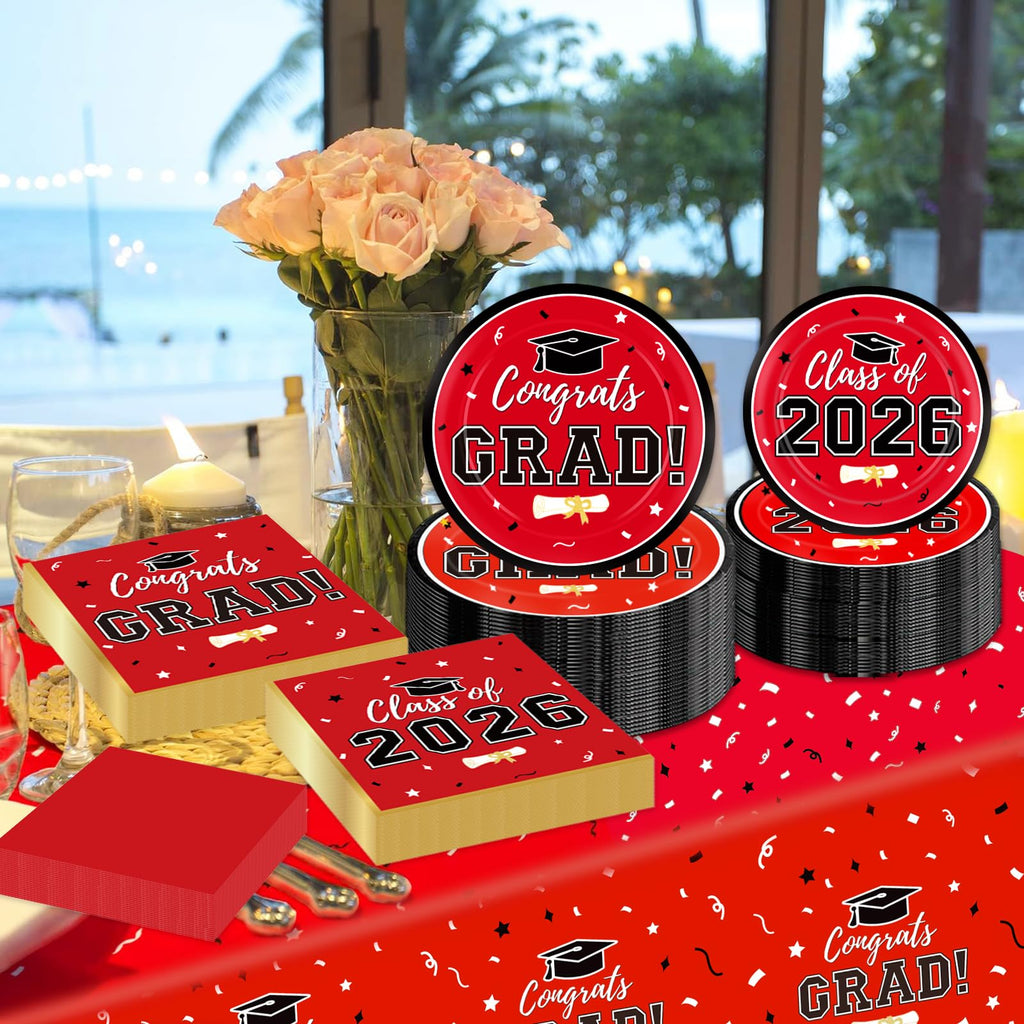 Graduation Decorations 2026 Class of 2026 Congrats Grad Disposable Paper Plates Luncheon Napkins Cocktail Napkins Black Gold Graduation Party Supplies Serve 50