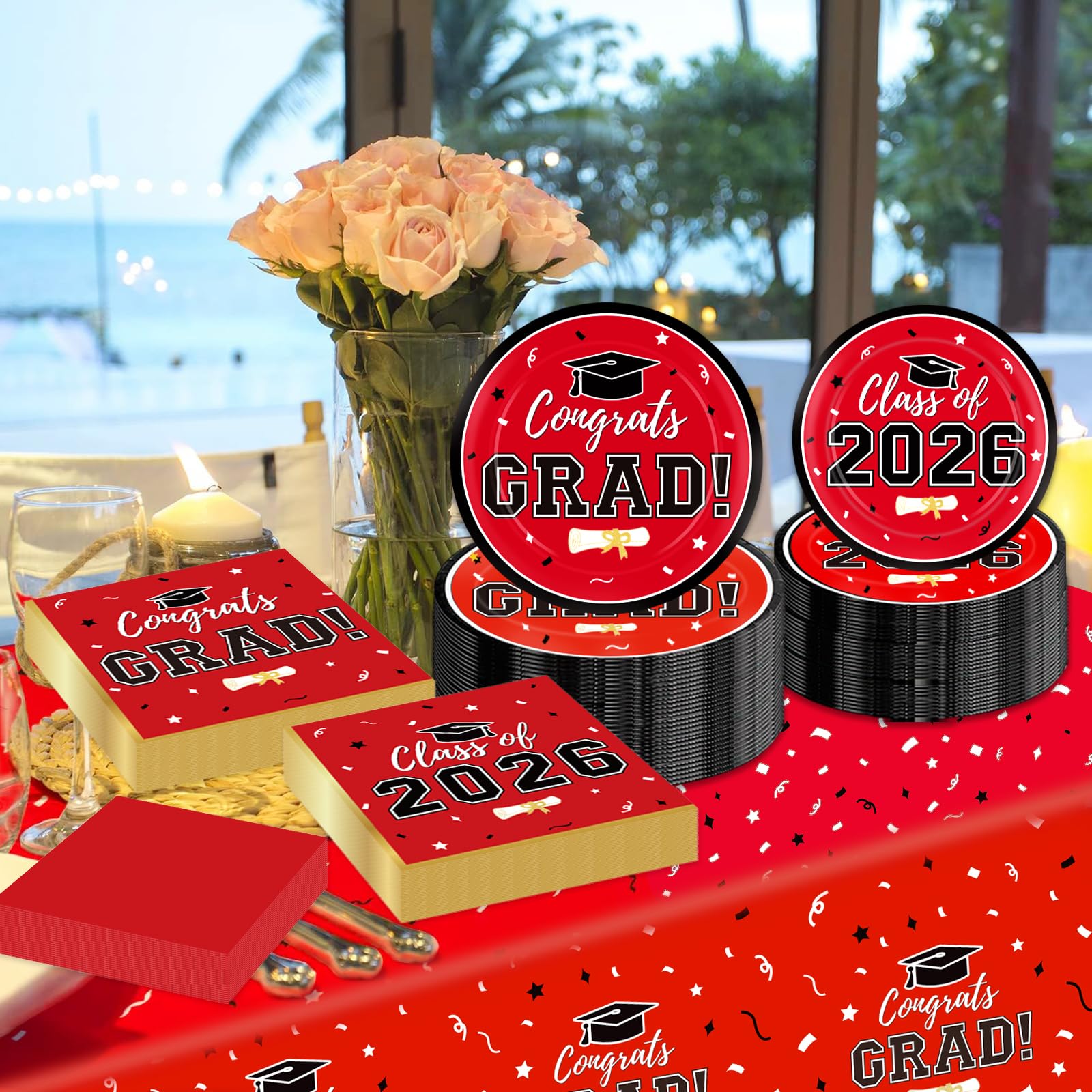 Graduation Decorations 2026 Class of 2026 Congrats Grad Disposable Paper Plates Luncheon Napkins Cocktail Napkins Black Gold Graduation Party Supplies Serve 50