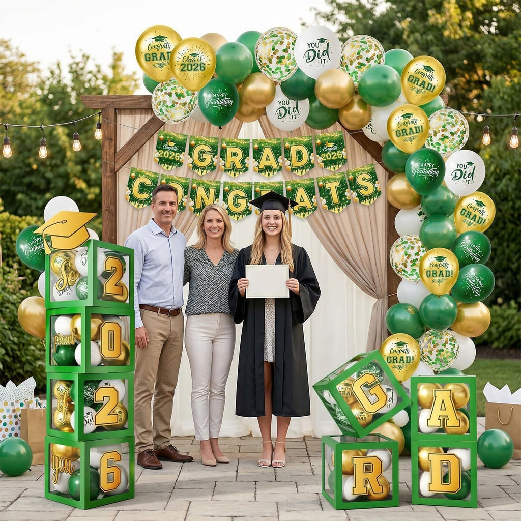 Gold and Black Graduation Party Decorations, Grad Balloon Boxes with Letters 2026 GRAD So Proud of You, Grad Balloons and Banner Decorations for Class of 2026 High School Graduation Decor