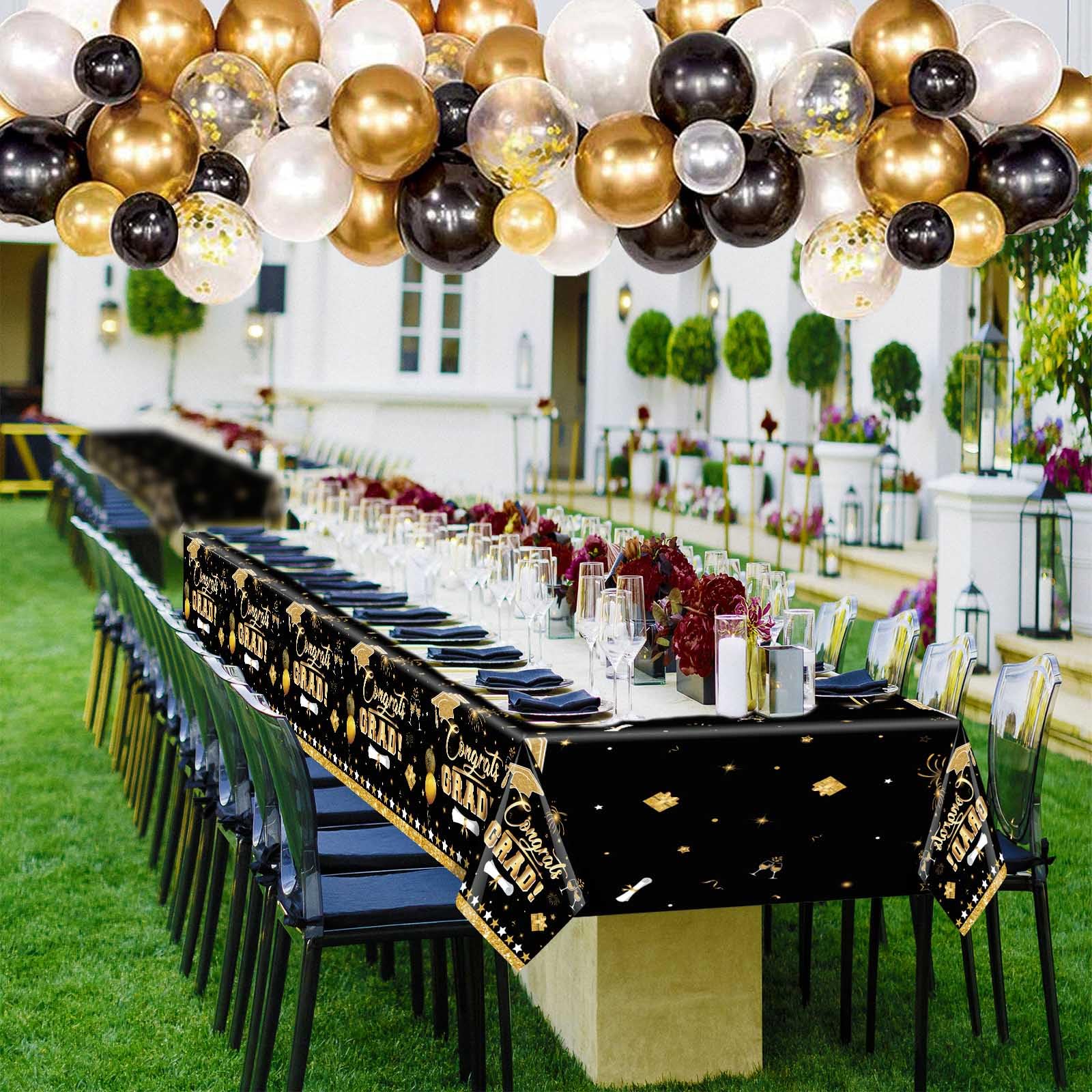 3 Pack Graduation Tablecloth Decorations,54x128inch Black Gold Congrats Grad Disposable Plastic Waterproof Rectangular Table Cloth Cover Decor for Class of 2026 College High School Party Supplies