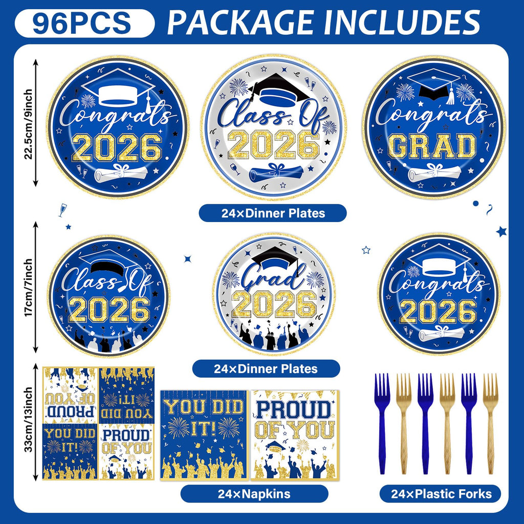96Pcs Graduation Plates and Napkins 2026 Congrats Grad Party Decorations Grad Party Tableware Supplies Class of 2026 Disposable Dinnerware for Graduate Parties Decor Serve 24, Black and Gold