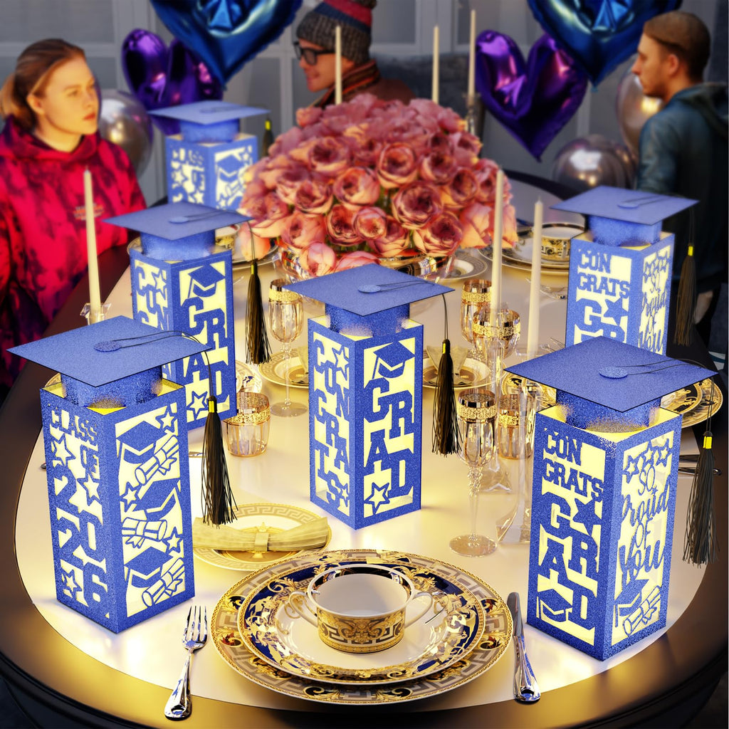 6 Pcs Graduation Table Centerpieces Boxes Class of 2026, Golden Graduation Paper Lanterns Boxes with String Lights Hollow Out for Congrats Grad School College Table Decorations Grad Party Photo Props