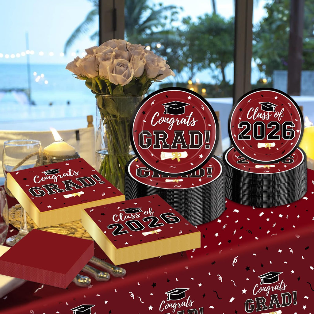 Graduation Decorations 2026 Class of 2026 Congrats Grad Disposable Paper Plates Luncheon Napkins Cocktail Napkins Black Gold Graduation Party Supplies Serve 50