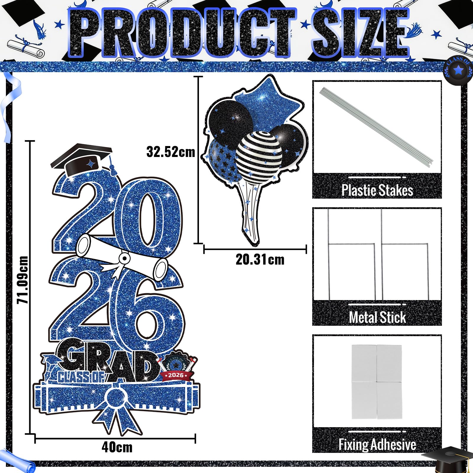Graduation Yard Sign Class of 2026 Decorations, 4pcs Large Size Black and Gold Congrats Grad 2026 Lawn Yard Sign with Stakes for High School College Indoor Outdoor Graduation Party Decor Supplies