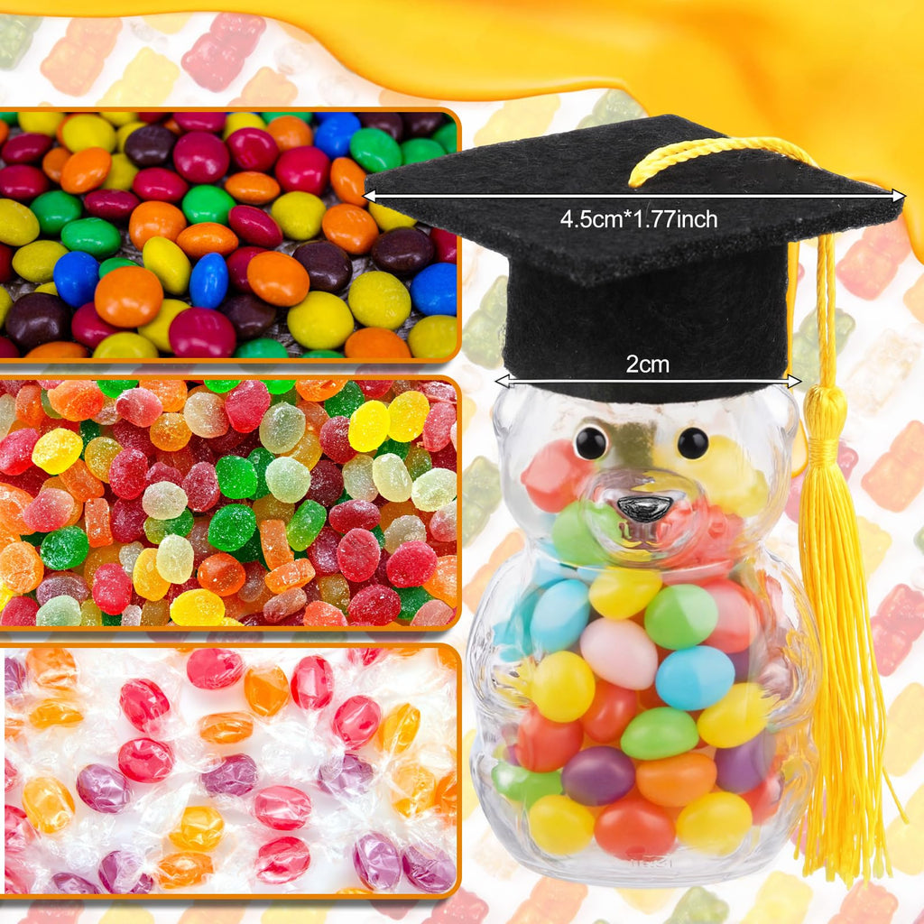 15 Set Graduation Cap Bear Jars Graduation Candy Boxes Containers Plastic Clear Bear Jars with Black Grad Cap and Tassel Grad Gifts Bulk for Party Favors Decorations (60 ml,Black Eyes)