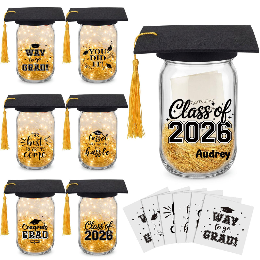 Suclain 6 Set Graduation Table Decorations Glass Mason Money Jars Gifts Class of 2026 Table Centerpieces with Felt Cap Raffia & Sticker for College High School Congrats Grad Parties(Black,Gold Tassel)