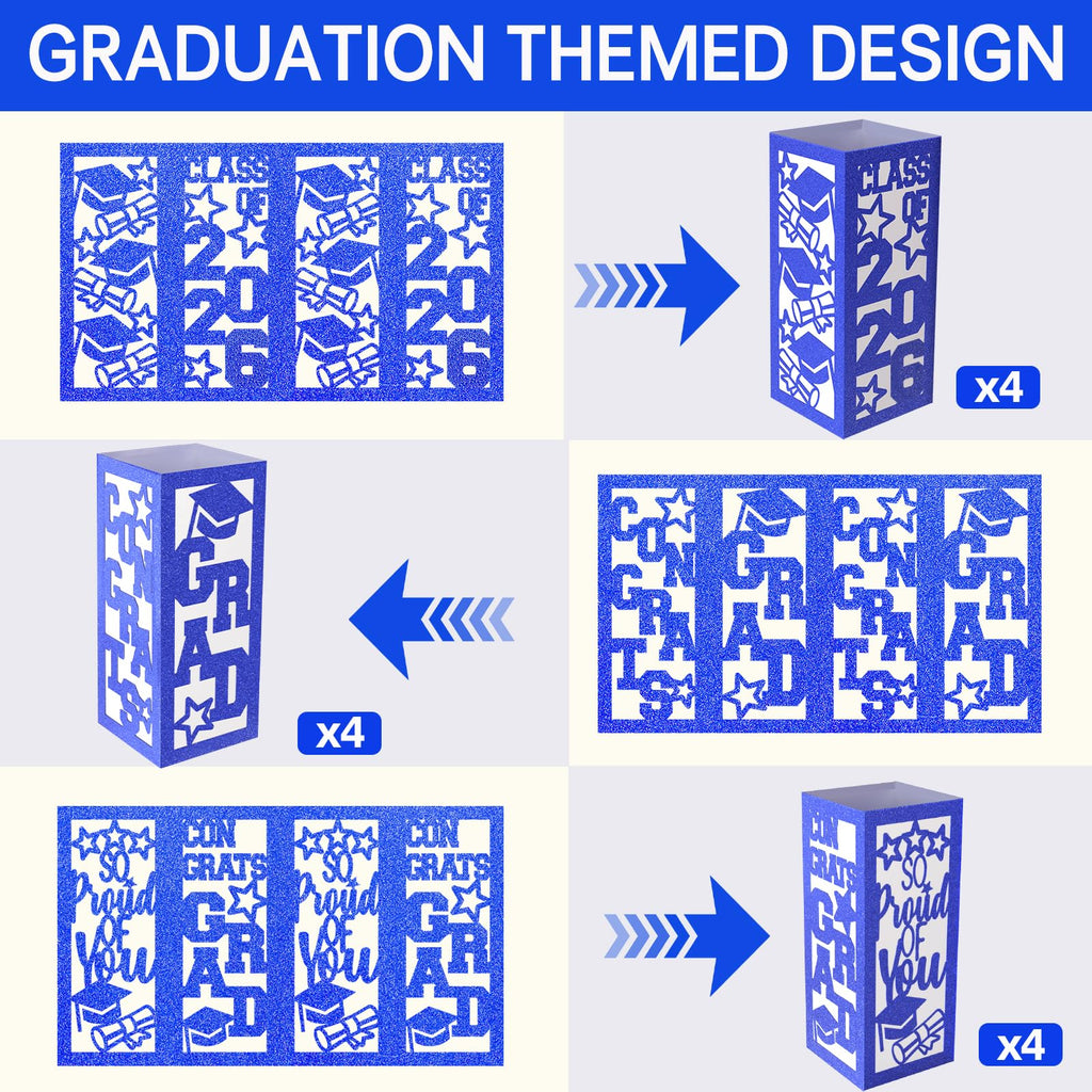 6 Pcs Graduation Table Centerpieces Boxes Class of 2026, Golden Graduation Paper Lanterns Boxes with String Lights Hollow Out for Congrats Grad School College Table Decorations Grad Party Photo Props