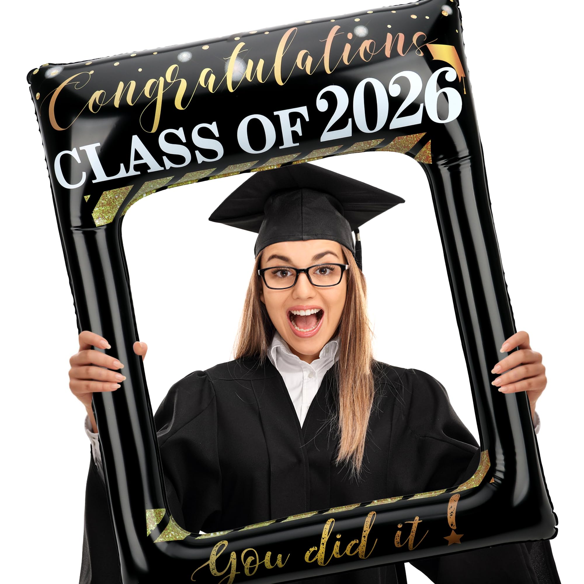 POPGIFTU Class of 2026 Graduation Photo Booth Frame, Inflatable Selfie Frame 31" x 24", Black Gold Congrats Grad Photo Booth Props for Graduation Party Decorations 2026