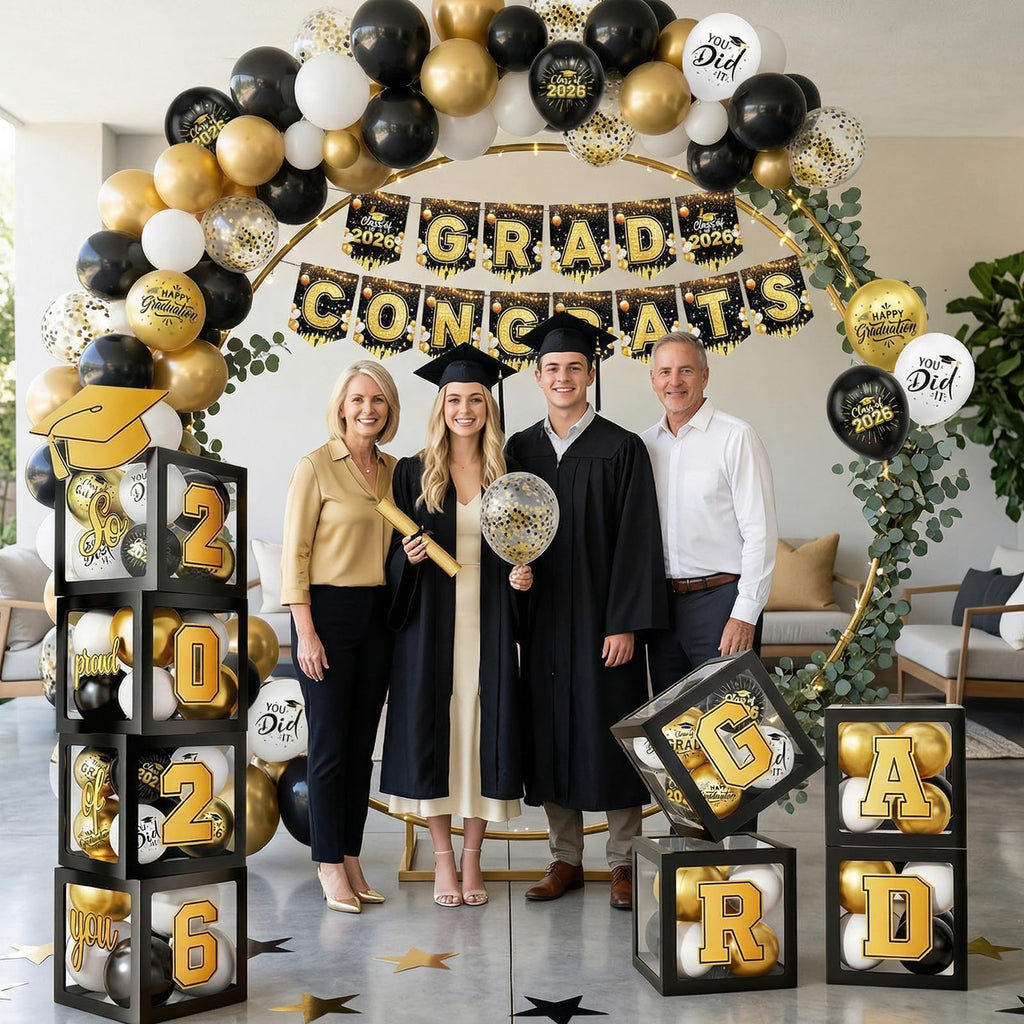 Gold and Black Graduation Party Decorations, Grad Balloon Boxes with Letters 2026 GRAD So Proud of You, Grad Balloons and Banner Decorations for Class of 2026 High School Graduation Decor