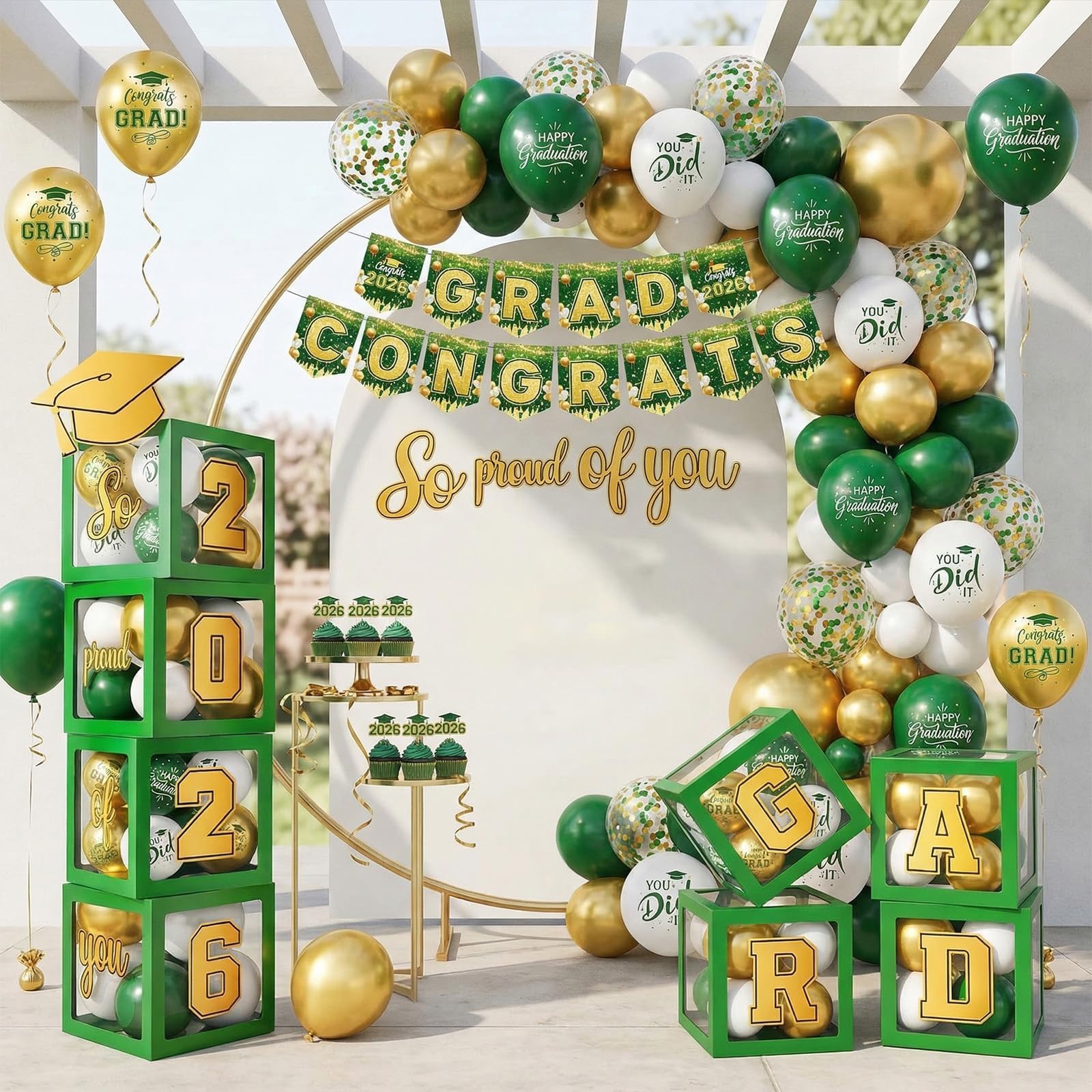 Gold and Black Graduation Party Decorations, Grad Balloon Boxes with Letters 2026 GRAD So Proud of You, Grad Balloons and Banner Decorations for Class of 2026 High School Graduation Decor