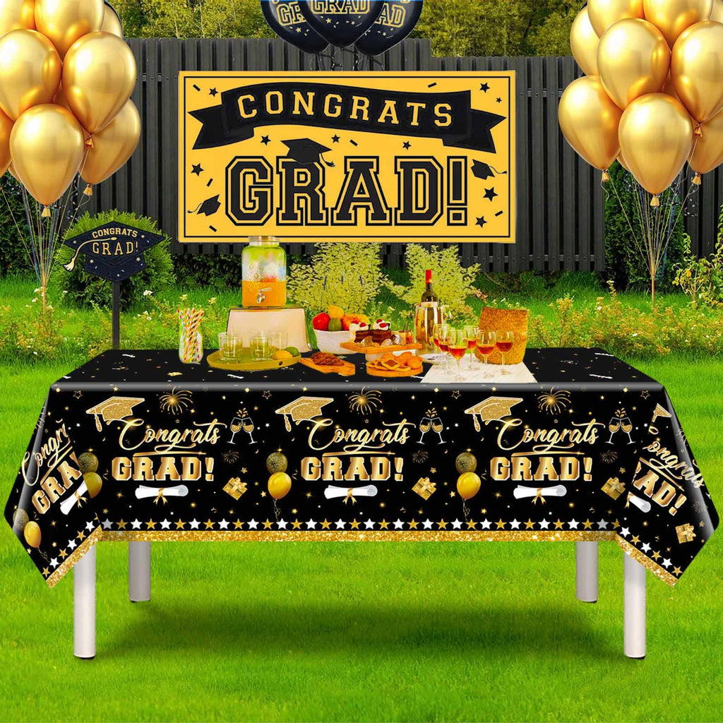 3 Pack Graduation Tablecloth Decorations,54x128inch Black Gold Congrats Grad Disposable Plastic Waterproof Rectangular Table Cloth Cover Decor for Class of 2026 College High School Party Supplies