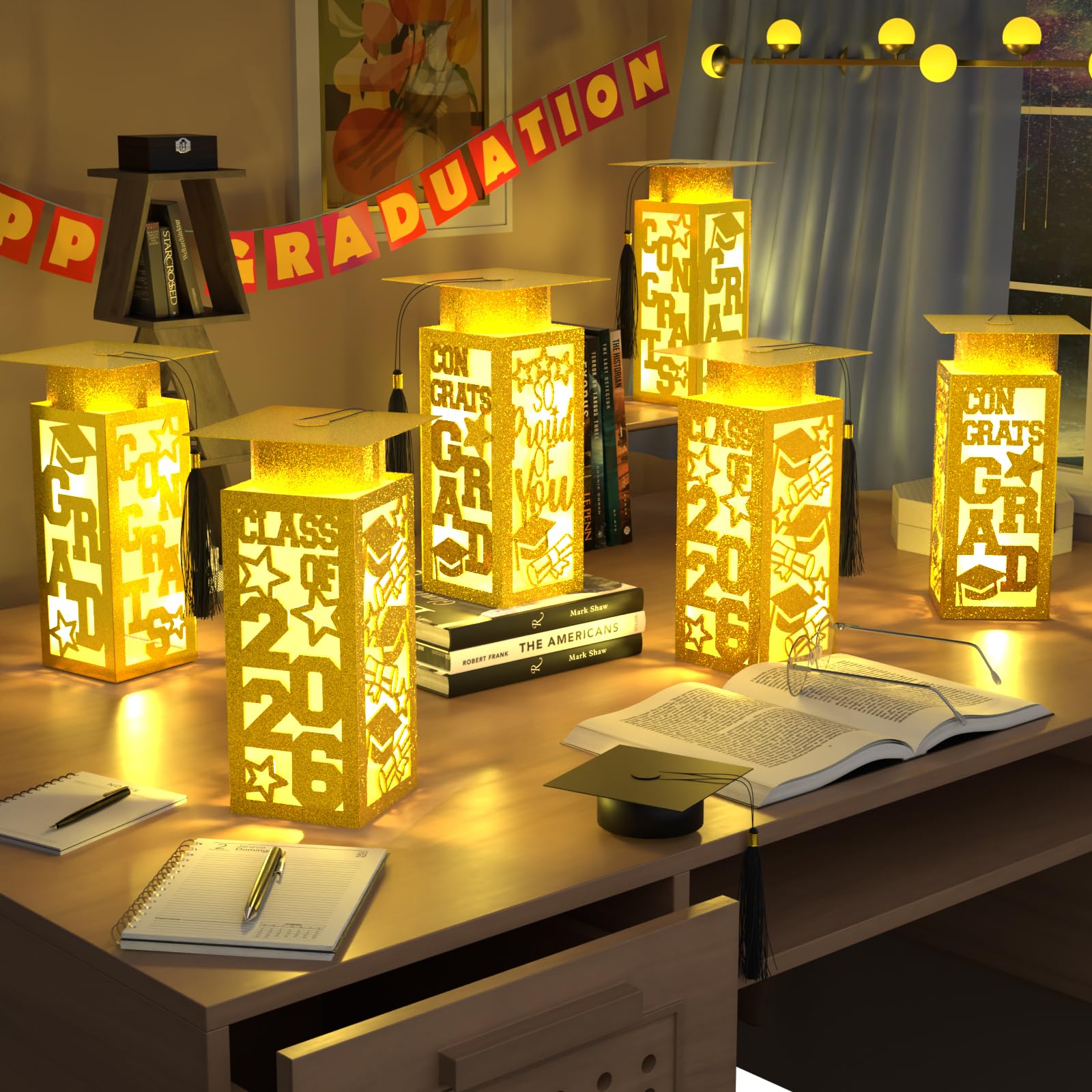 6 Pcs Graduation Table Centerpieces Boxes Class of 2026, Golden Graduation Paper Lanterns Boxes with String Lights Hollow Out for Congrats Grad School College Table Decorations Grad Party Photo Props