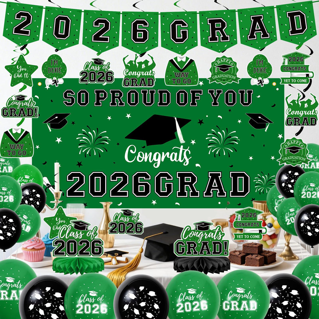 59Pcs Graduation Decorations 2026 Backdrop Balloons Banner Centerpiece Hanging Swirls Grad Class of 2026 Decorations for kindergarten K-12th College Any Grade Black Gold Themed