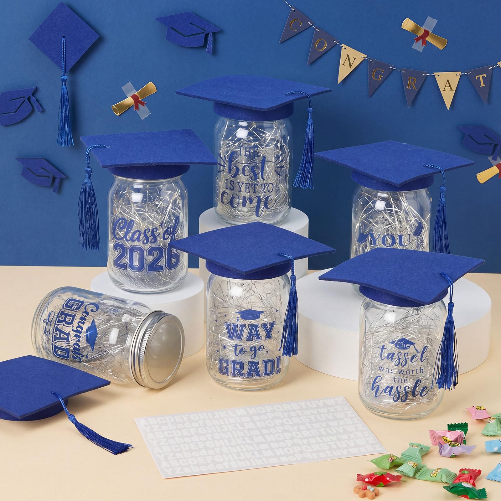 Suclain 6 Set Graduation Table Decorations Glass Mason Money Jars Gifts Class of 2026 Table Centerpieces with Felt Cap Raffia & Sticker for College High School Congrats Grad Parties(Black,Gold Tassel)