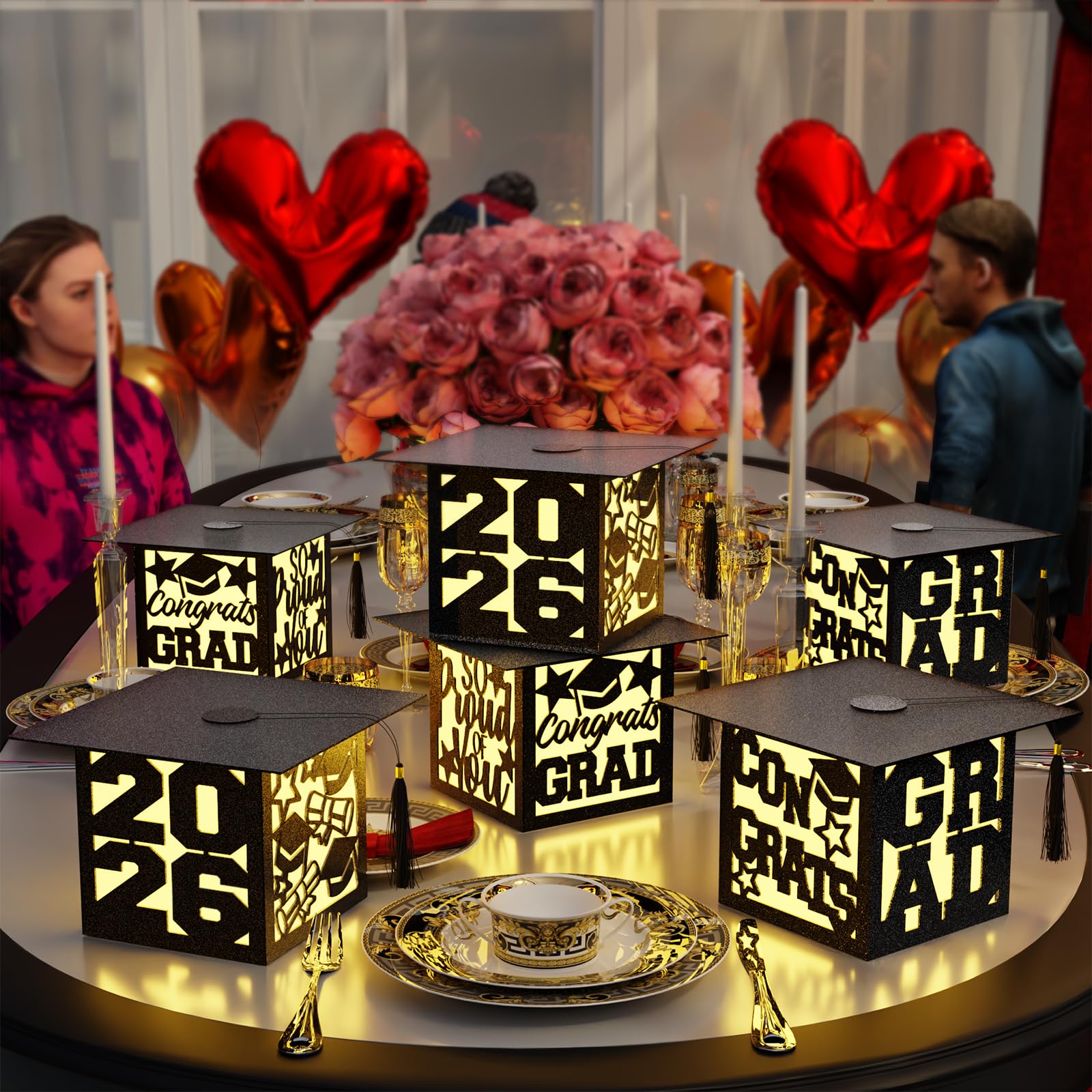6 Pcs Graduation Table Centerpieces Boxes Class of 2026, Golden Graduation Paper Lanterns Boxes with String Lights Hollow Out for Congrats Grad School College Table Decorations Grad Party Photo Props