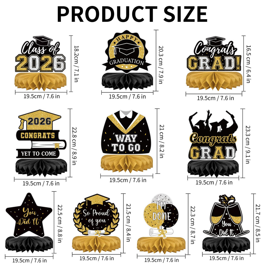 10Pcs Graduation Decorations 2026 Class of 2026 Congrats Grad Table Honeycomb Centerpieces Graduation Party Supplies for kindergarten K-12th College Any Grade Black