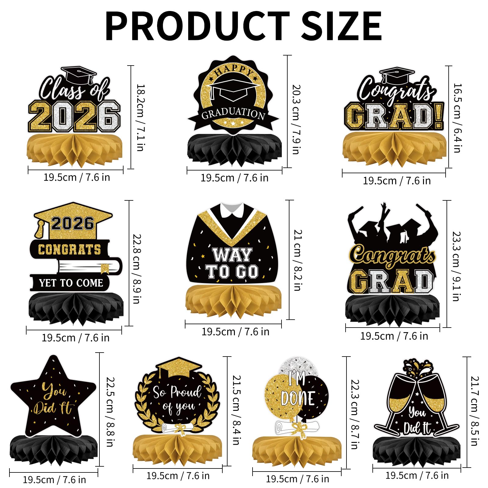 10Pcs Graduation Decorations 2026 Class of 2026 Congrats Grad Table Honeycomb Centerpieces Graduation Party Supplies for kindergarten K-12th College Any Grade Black
