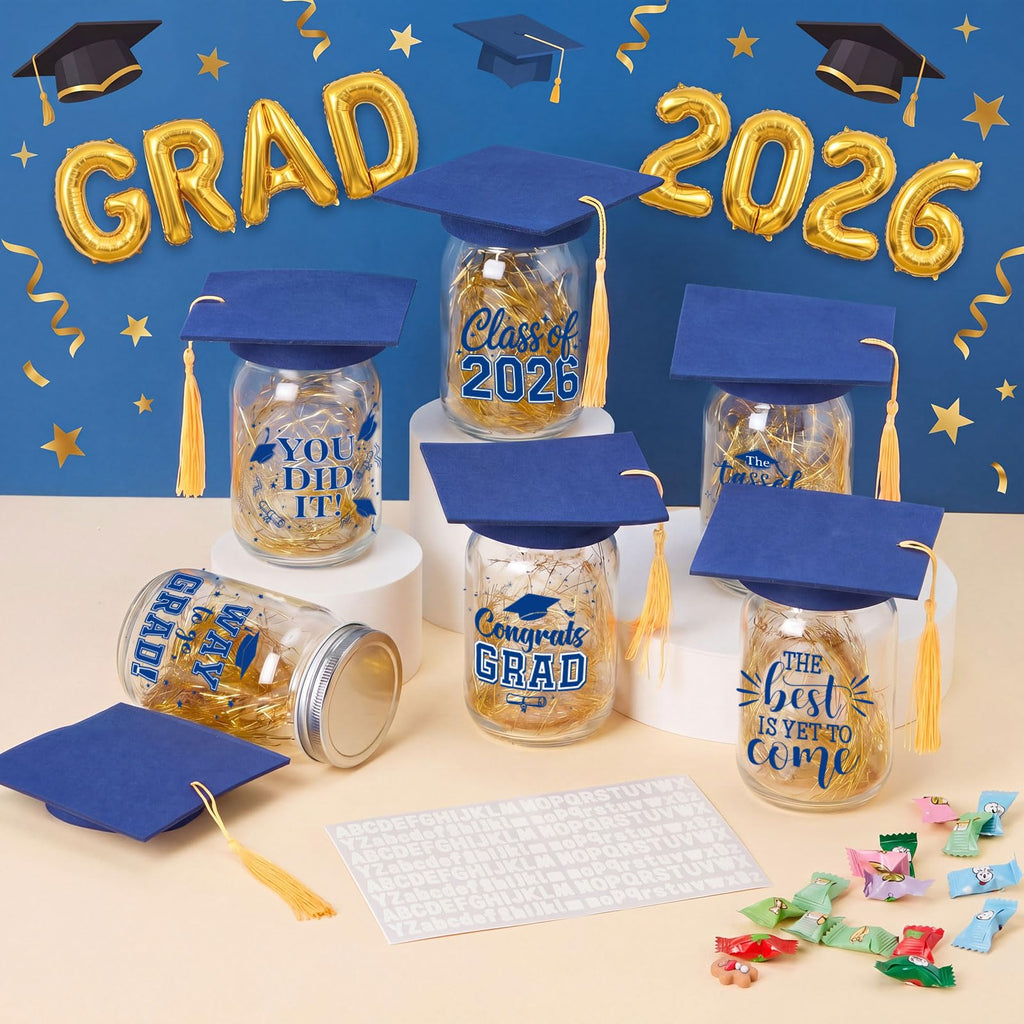 Suclain 6 Set Graduation Table Decorations Glass Mason Money Jars Gifts Class of 2026 Table Centerpieces with Felt Cap Raffia & Sticker for College High School Congrats Grad Parties(Black,Gold Tassel)