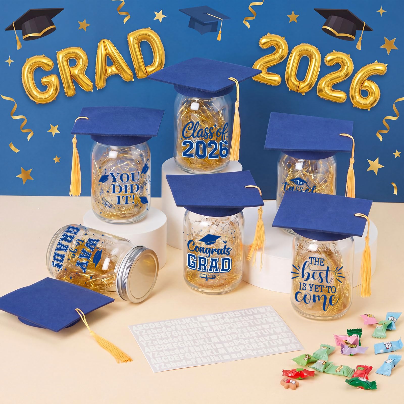 Suclain 6 Set Graduation Table Decorations Glass Mason Money Jars Gifts Class of 2026 Table Centerpieces with Felt Cap Raffia & Sticker for College High School Congrats Grad Parties(Black,Gold Tassel)