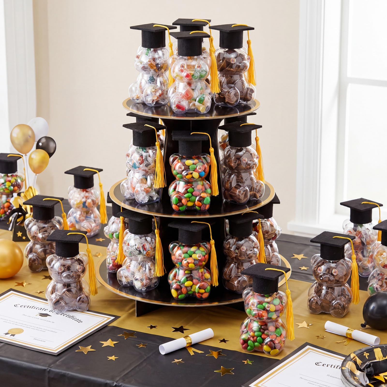 15 Set Graduation Cap Bear Jars Graduation Candy Boxes Containers Plastic Clear Bear Jars with Black Grad Cap and Tassel Grad Gifts Bulk for Party Favors Decorations (60 ml,Black Eyes)