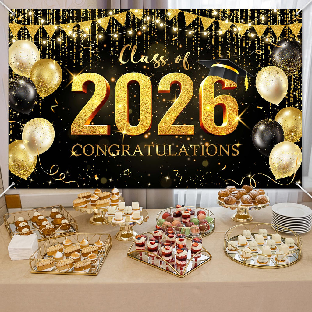 Avezano Graduation Backdrop Black and Gold Congratulations Class of 2026 Banner 2026 Graduation Decorations Photo Booth Background (6x3.6ft)