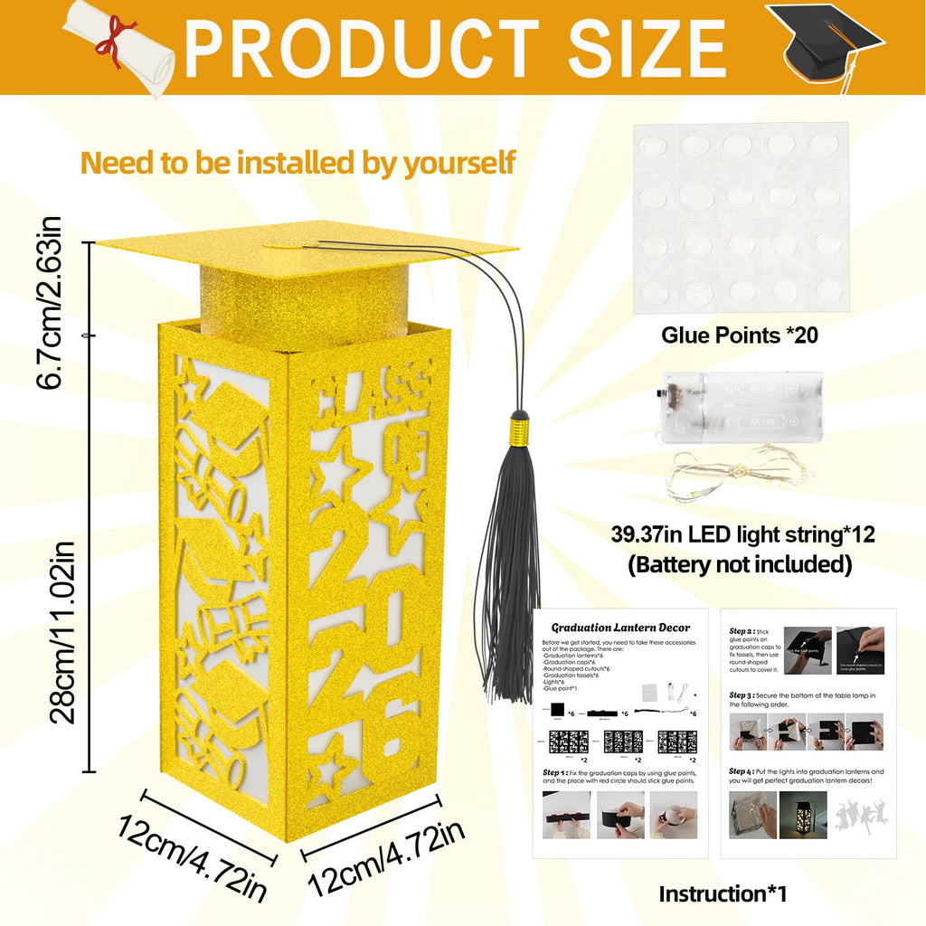 6 Pcs Graduation Table Centerpieces Boxes Class of 2026, Golden Graduation Paper Lanterns Boxes with String Lights Hollow Out for Congrats Grad School College Table Decorations Grad Party Photo Props