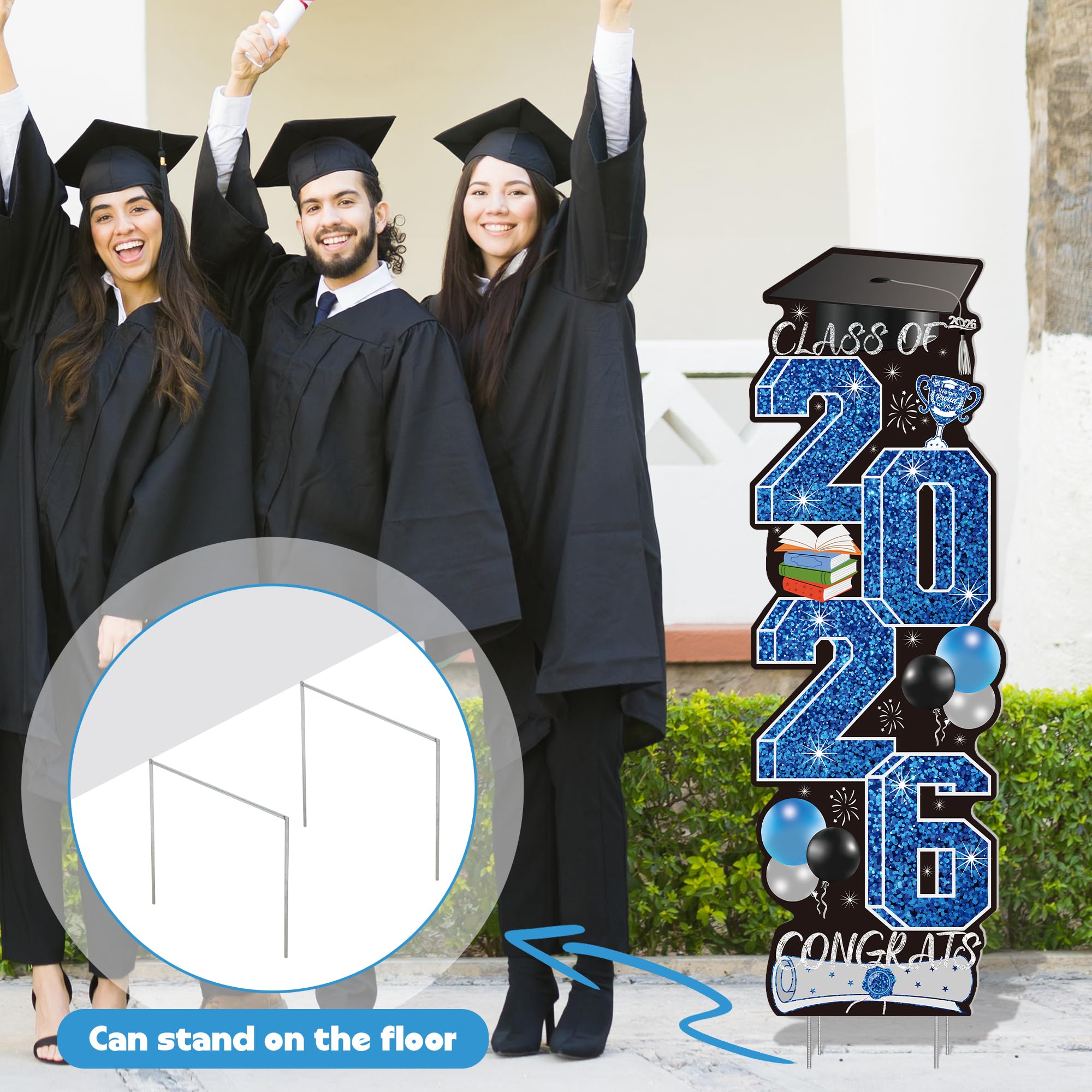 4 Pcs Congrats Grad Sign, Blue Graduation Yard Signs Class of 2026 with Stakes, Yard Sign Graduation 2026 for Indoor Outdoor Grad Party Decorations Backdrop High College School Decor Supplies