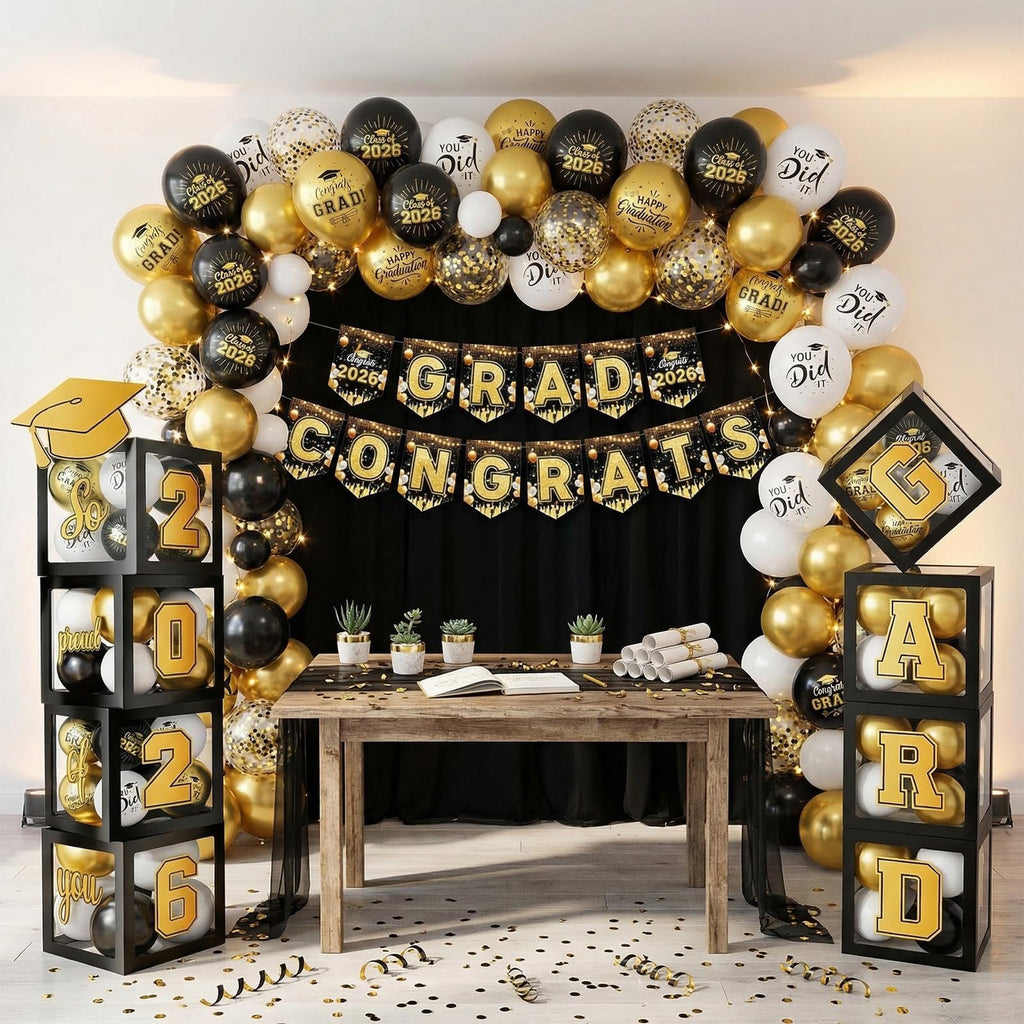 Gold and Black Graduation Party Decorations, Grad Balloon Boxes with Letters 2026 GRAD So Proud of You, Grad Balloons and Banner Decorations for Class of 2026 High School Graduation Decor