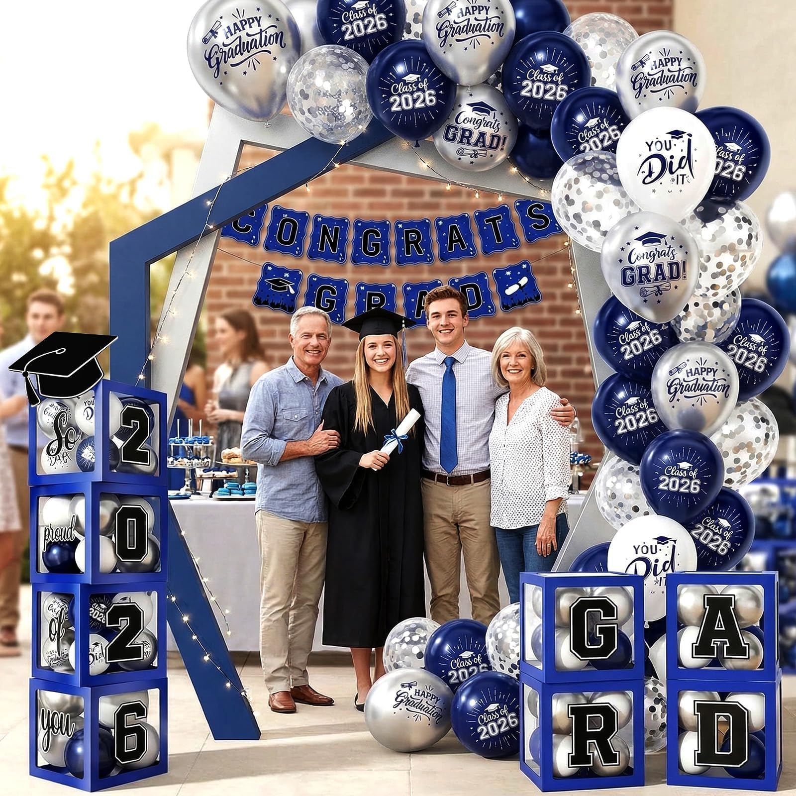 Gold and Black Graduation Party Decorations, Grad Balloon Boxes with Letters 2026 GRAD So Proud of You, Grad Balloons and Banner Decorations for Class of 2026 High School Graduation Decor