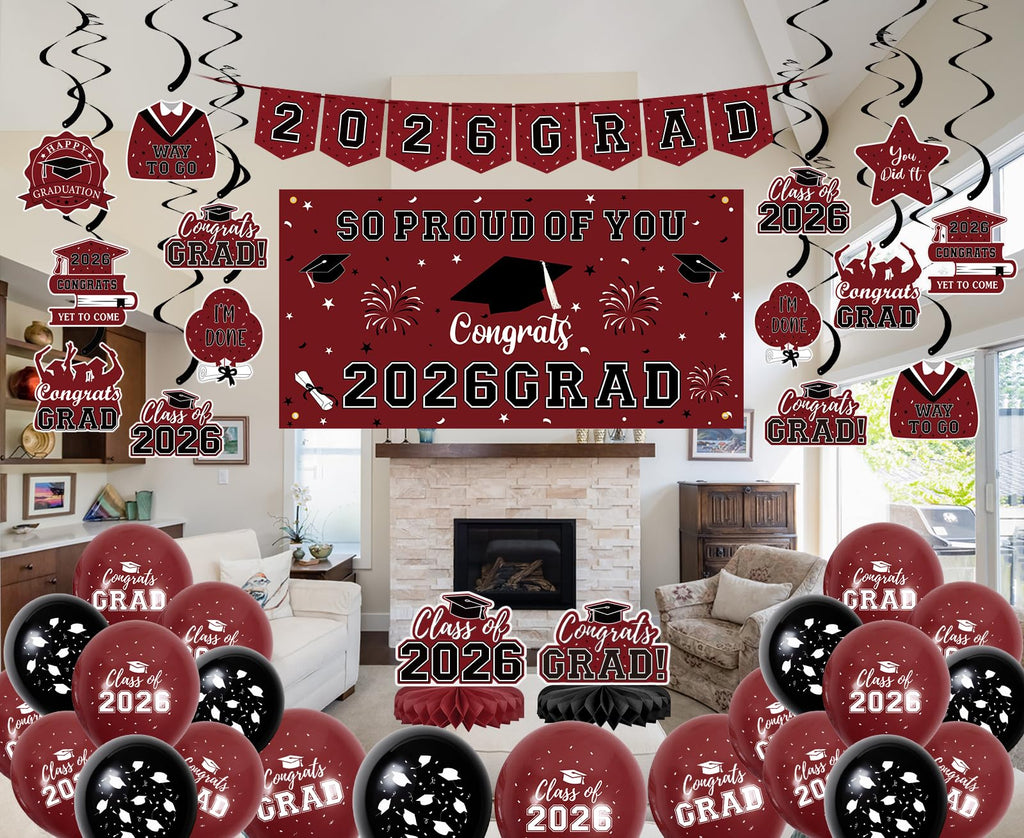 59Pcs Graduation Decorations 2026 Backdrop Balloons Banner Centerpiece Hanging Swirls Grad Class of 2026 Decorations for kindergarten K-12th College Any Grade Black Gold Themed