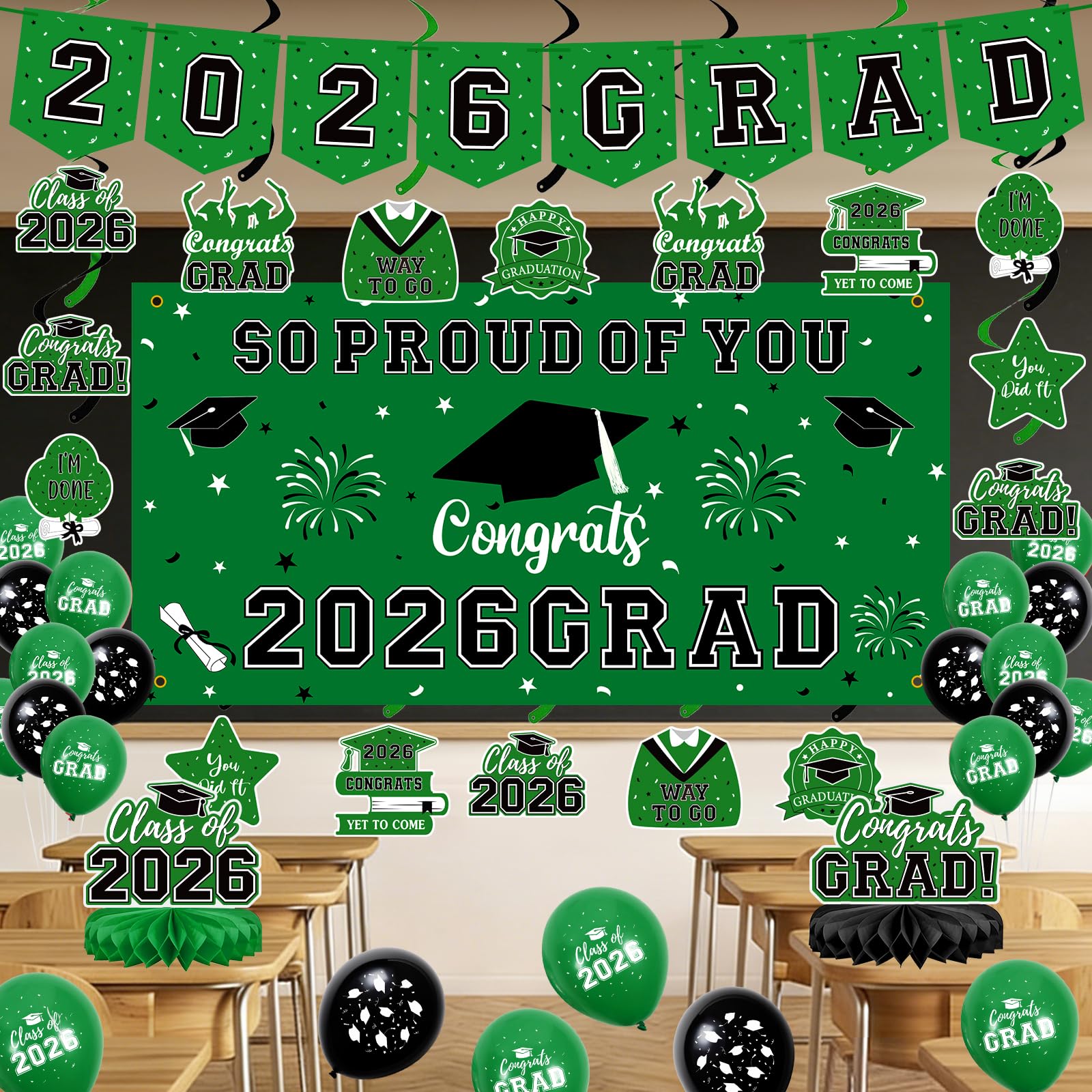 59Pcs Graduation Decorations 2026 Backdrop Balloons Banner Centerpiece Hanging Swirls Grad Class of 2026 Decorations for kindergarten K-12th College Any Grade Black Gold Themed