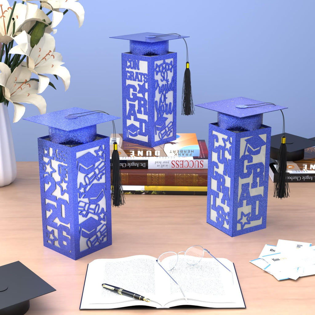 6 Pcs Graduation Table Centerpieces Boxes Class of 2026, Golden Graduation Paper Lanterns Boxes with String Lights Hollow Out for Congrats Grad School College Table Decorations Grad Party Photo Props