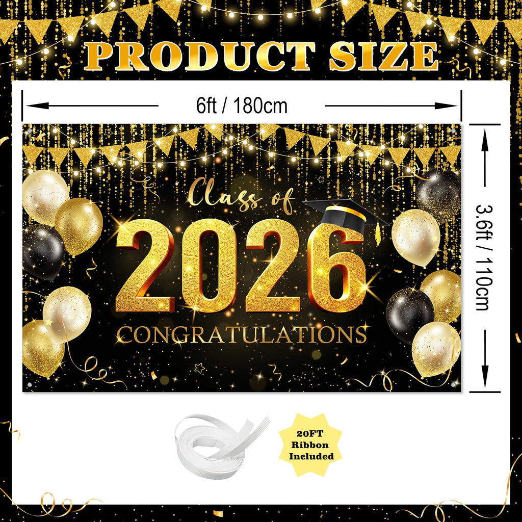 Avezano Graduation Backdrop Black and Gold Congratulations Class of 2026 Banner 2026 Graduation Decorations Photo Booth Background (6x3.6ft)