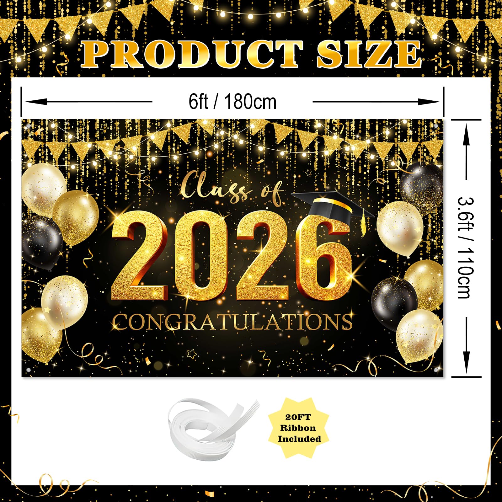 Avezano Graduation Backdrop Black and Gold Congratulations Class of 2026 Banner 2026 Graduation Decorations Photo Booth Background (6x3.6ft)