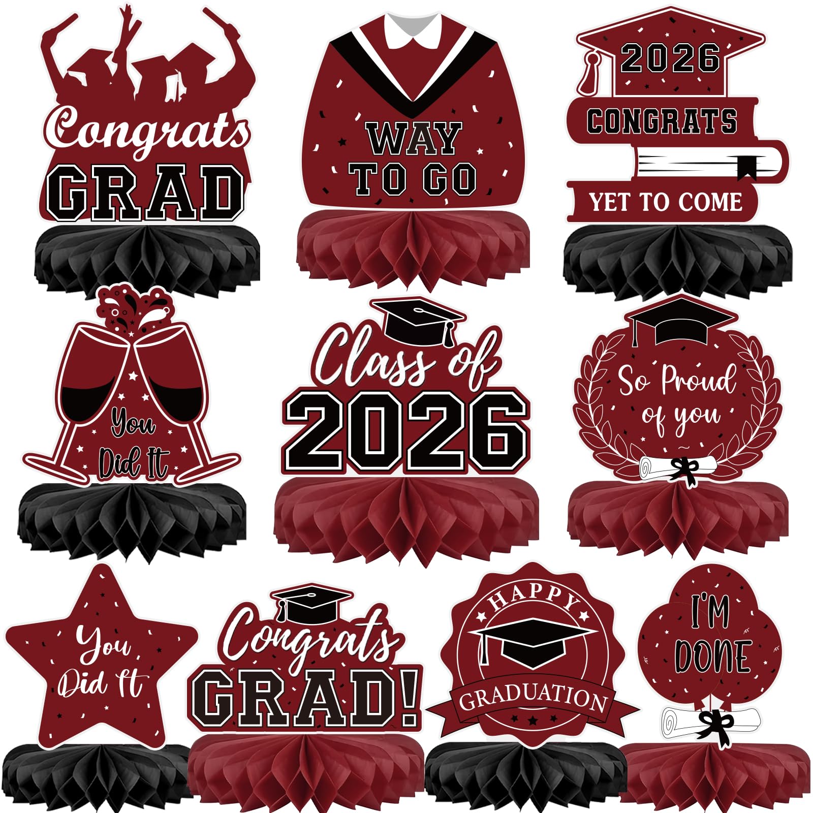 10Pcs Graduation Decorations 2026 Class of 2026 Congrats Grad Table Honeycomb Centerpieces Graduation Party Supplies for kindergarten K-12th College Any Grade Black