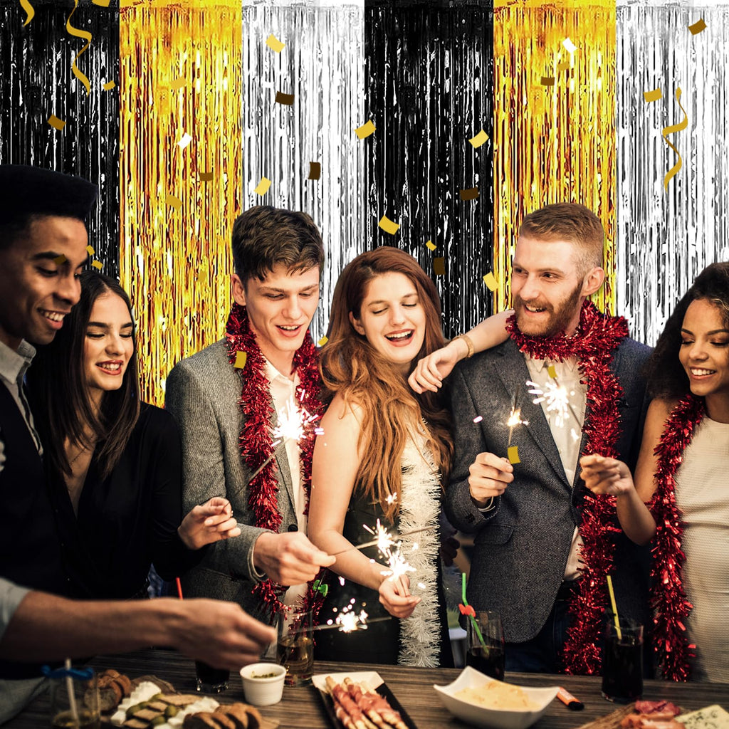 3 Pack Black Gold Silver Foil Fringe Curtain Backdrop, 3.28Ft x6.6Ft Metallic Tinsel Foil Fringe Streamer Curtains for Photo Booth, Halloween, Christmas Day, Wedding, New Year Party Decoration