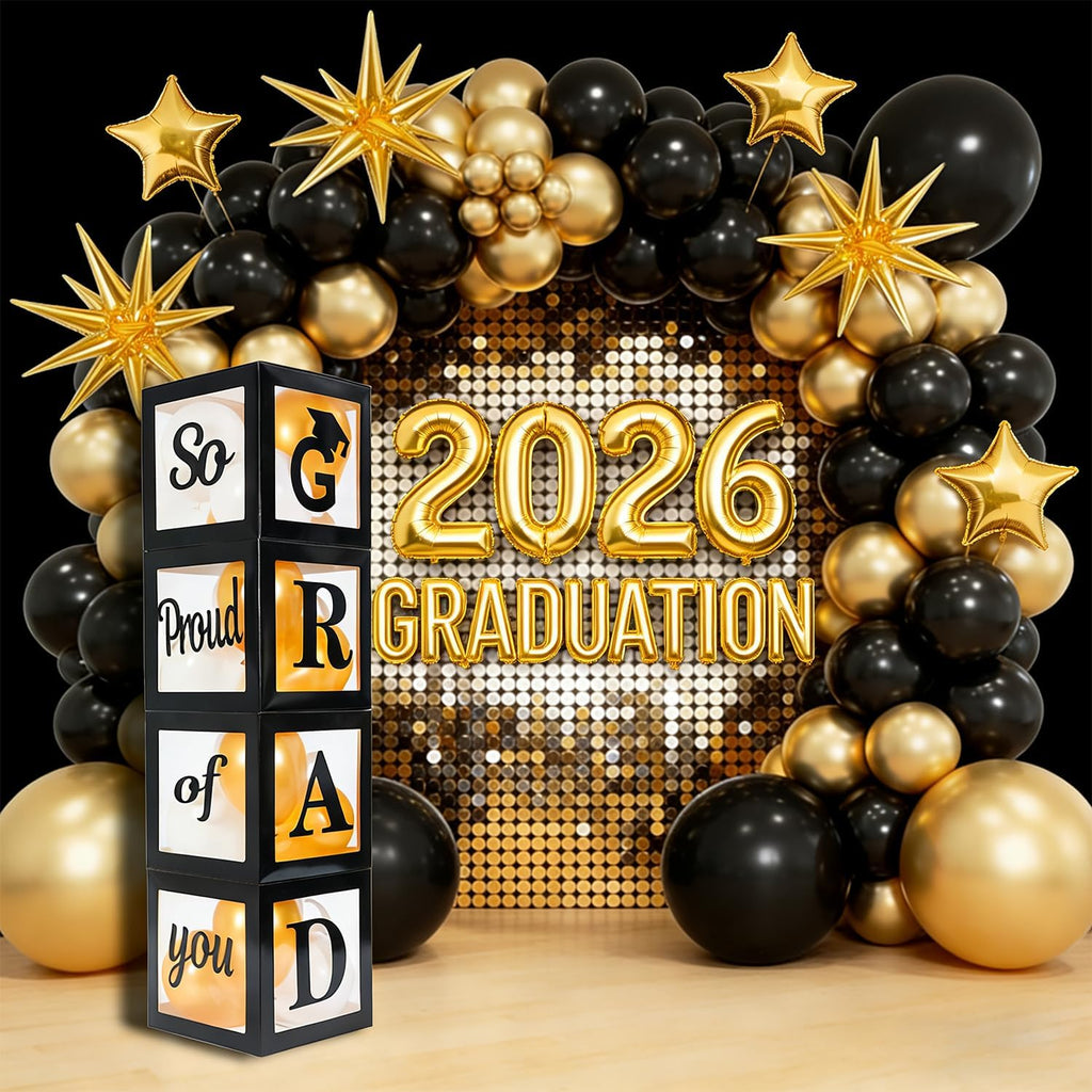 Graduation Decorations 2026 Set of 4 Boxes with 20pcs Balloons and Letters 2026 GRAD So Proud of You - Class of 2026 Party Supplies for High School & College Celebrations