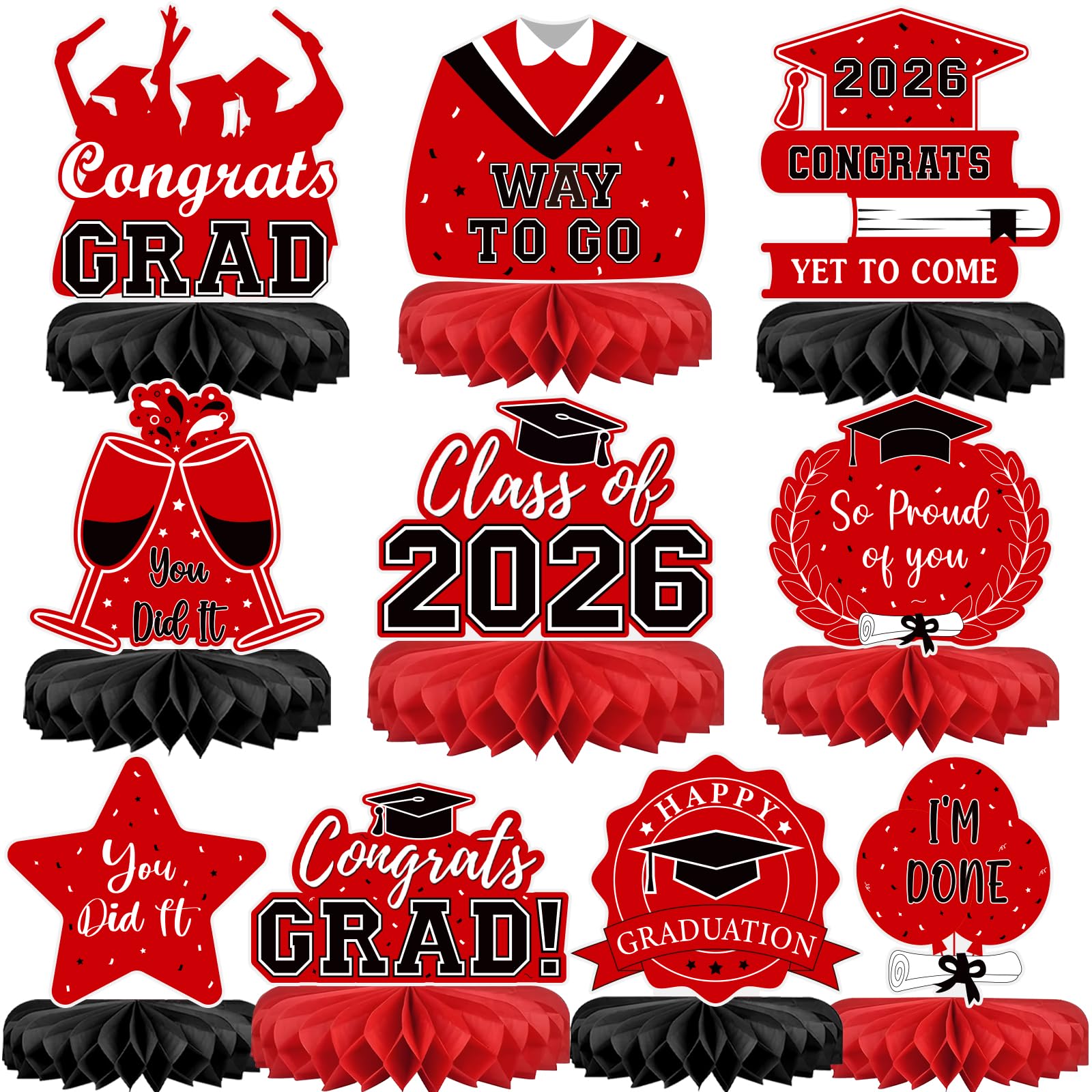 10Pcs Graduation Decorations 2026 Class of 2026 Congrats Grad Table Honeycomb Centerpieces Graduation Party Supplies for kindergarten K-12th College Any Grade Black
