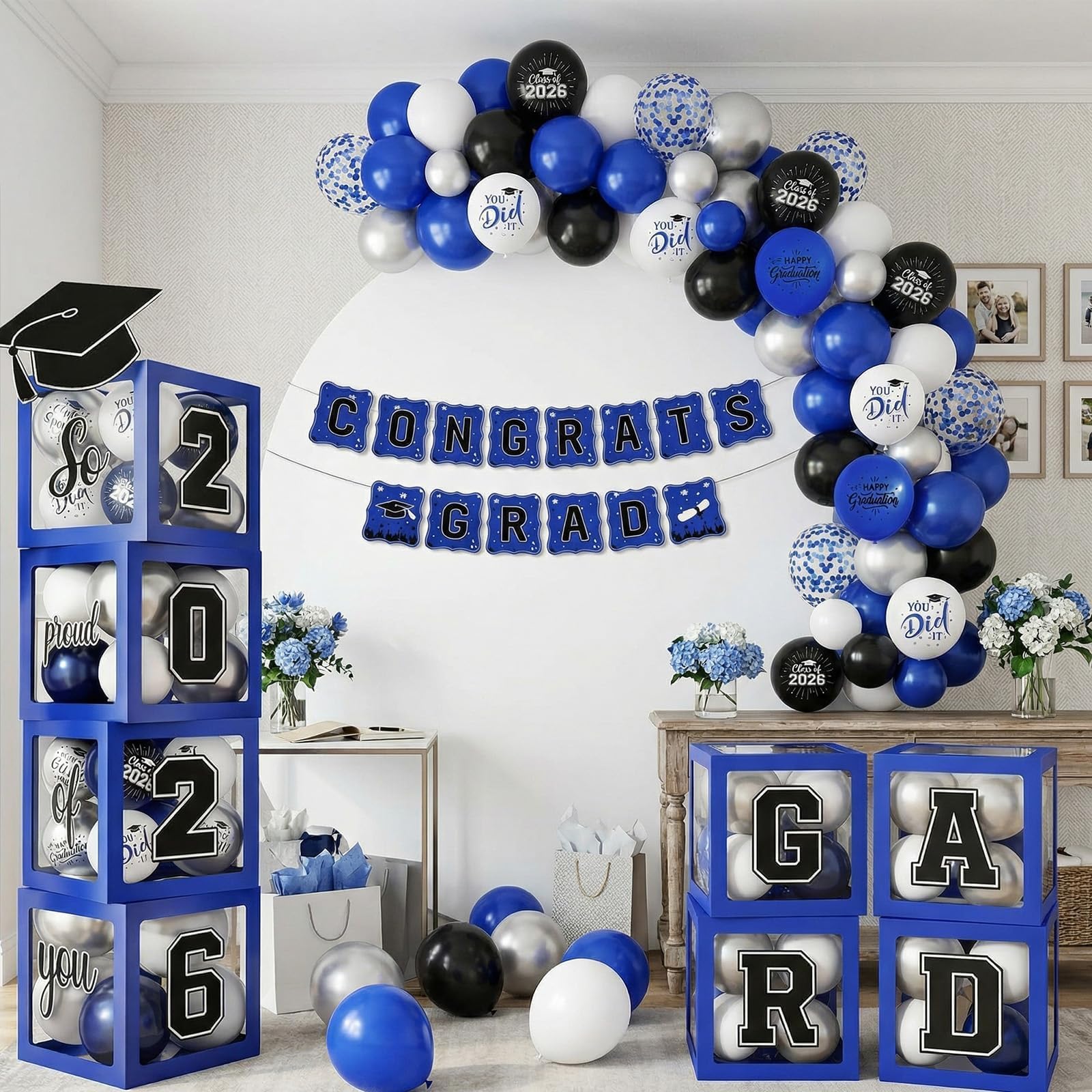 Gold and Black Graduation Party Decorations, Grad Balloon Boxes with Letters 2026 GRAD So Proud of You, Grad Balloons and Banner Decorations for Class of 2026 High School Graduation Decor