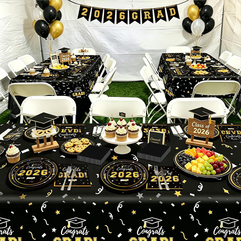 Graduation Decorations 2026 Class of 2026 Congrats Grad Disposable Paper Plates Luncheon Napkins Cocktail Napkins Black Gold Graduation Party Supplies Serve 50