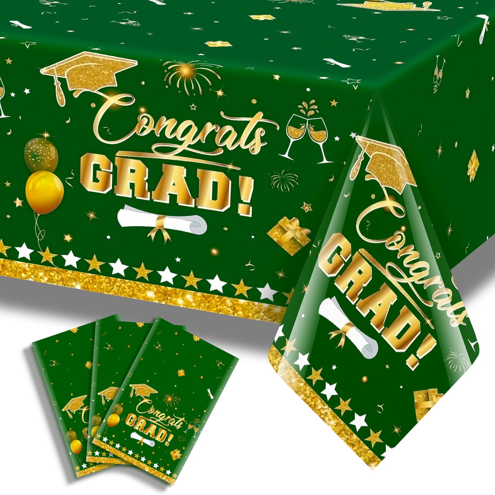 3 Pack Graduation Tablecloth Decorations,54x128inch Black Gold Congrats Grad Disposable Plastic Waterproof Rectangular Table Cloth Cover Decor for Class of 2026 College High School Party Supplies