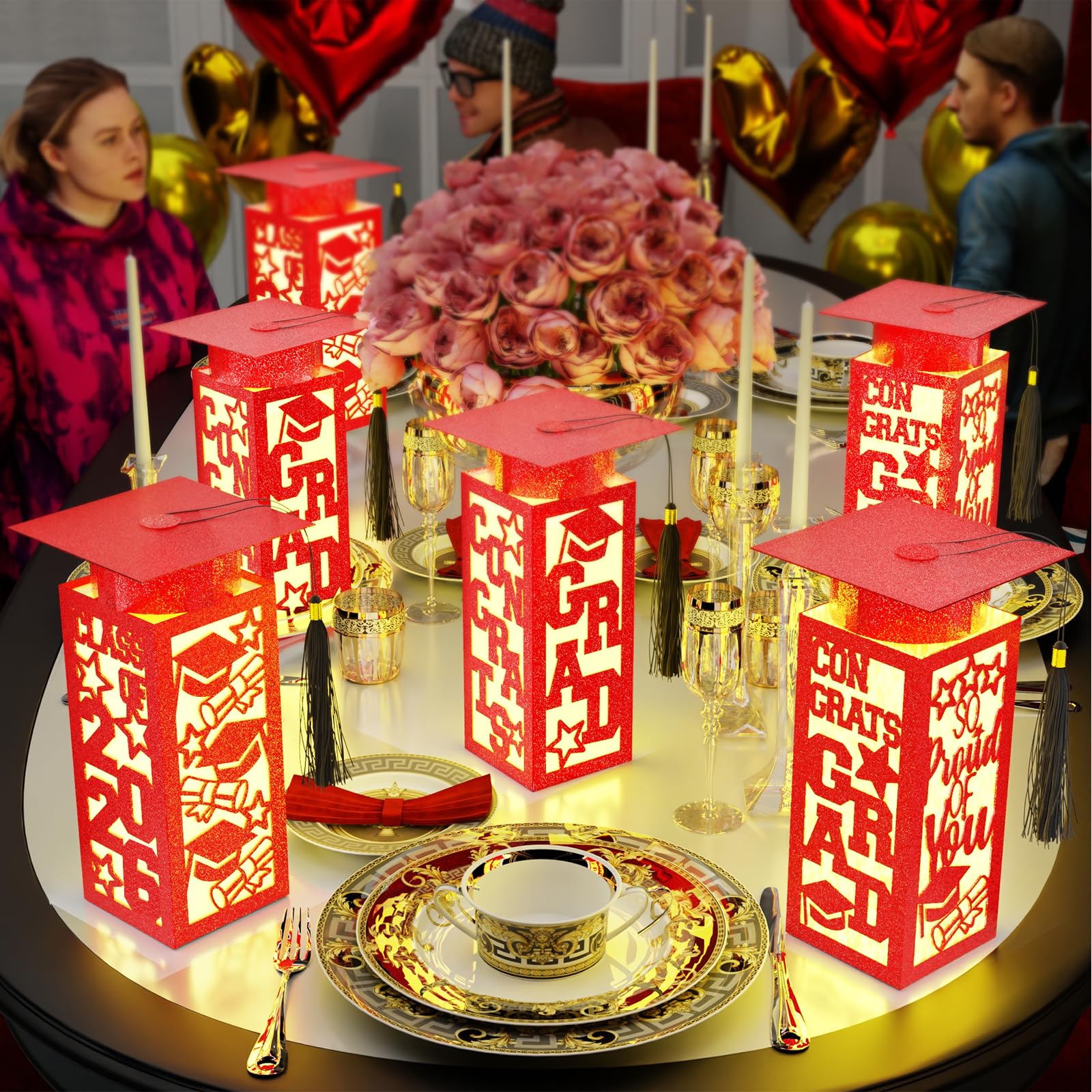6 Pcs Graduation Table Centerpieces Boxes Class of 2026, Golden Graduation Paper Lanterns Boxes with String Lights Hollow Out for Congrats Grad School College Table Decorations Grad Party Photo Props