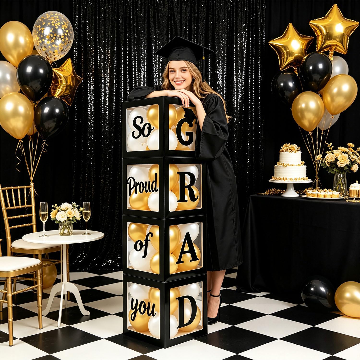 Graduation Decorations 2026 Set of 4 Boxes with 20pcs Balloons and Letters 2026 GRAD So Proud of You - Class of 2026 Party Supplies for High School & College Celebrations