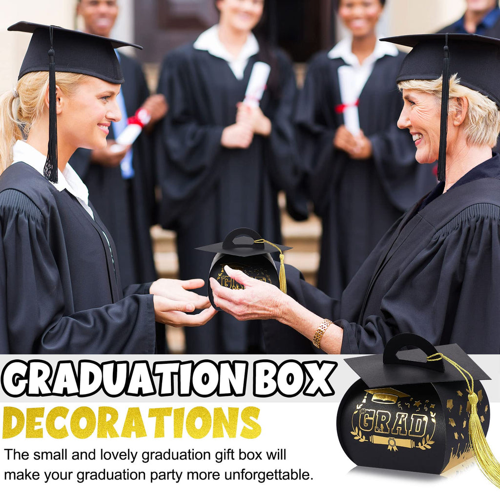 Spakon 30 Pcs Graduation Cap Gift Box Graduation Party Favors Candy Boxes Treat Box with Tassel Table Centerpieces Class of 2026 Grad Decorations(Blue, Gold)