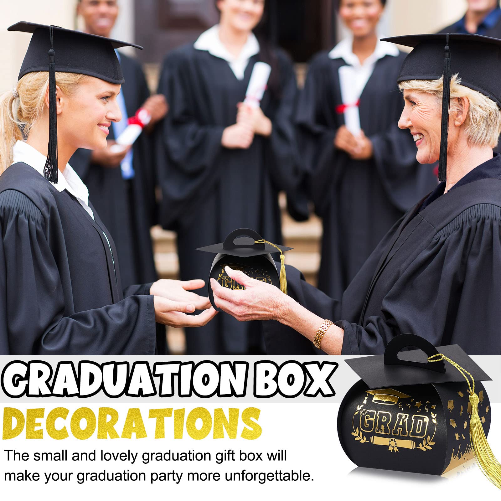 Spakon 30 Pcs Graduation Cap Gift Box Graduation Party Favors Candy Boxes Treat Box with Tassel Table Centerpieces Class of 2026 Grad Decorations(Blue, Gold)