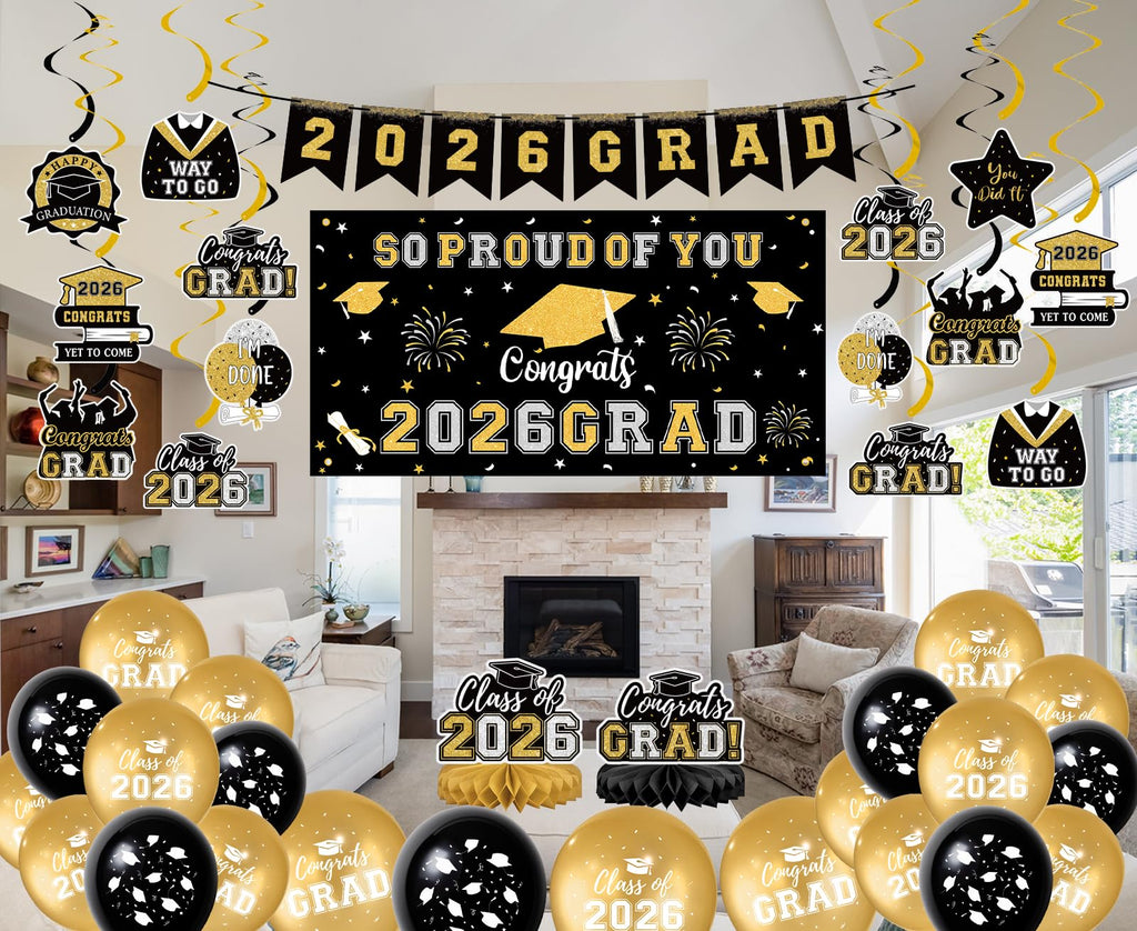 59Pcs Graduation Decorations 2026 Backdrop Balloons Banner Centerpiece Hanging Swirls Grad Class of 2026 Decorations for kindergarten K-12th College Any Grade Black Gold Themed