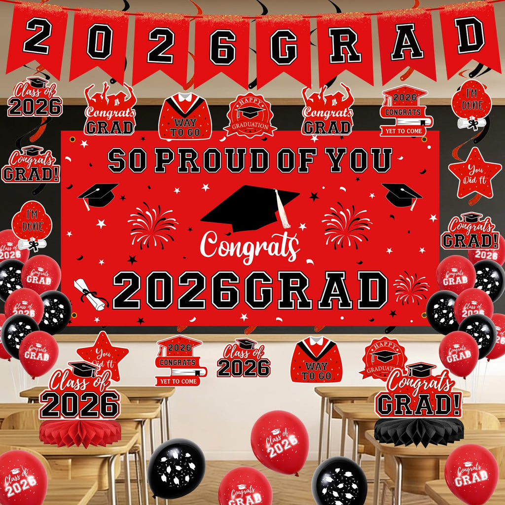 59Pcs Graduation Decorations 2026 Backdrop Balloons Banner Centerpiece Hanging Swirls Grad Class of 2026 Decorations for kindergarten K-12th College Any Grade Black Gold Themed