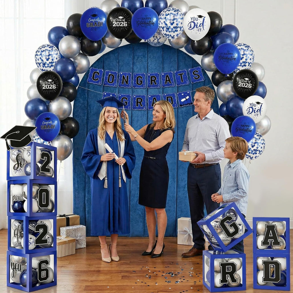 Gold and Black Graduation Party Decorations, Grad Balloon Boxes with Letters 2026 GRAD So Proud of You, Grad Balloons and Banner Decorations for Class of 2026 High School Graduation Decor